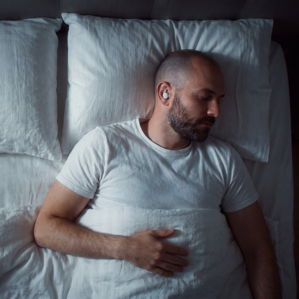 Nachts von oben: Ein Mann schläft allein auf dem Rücken im Bett, im Ohr ein hellgrauer Loume Dream Dots Kopfhörer.
