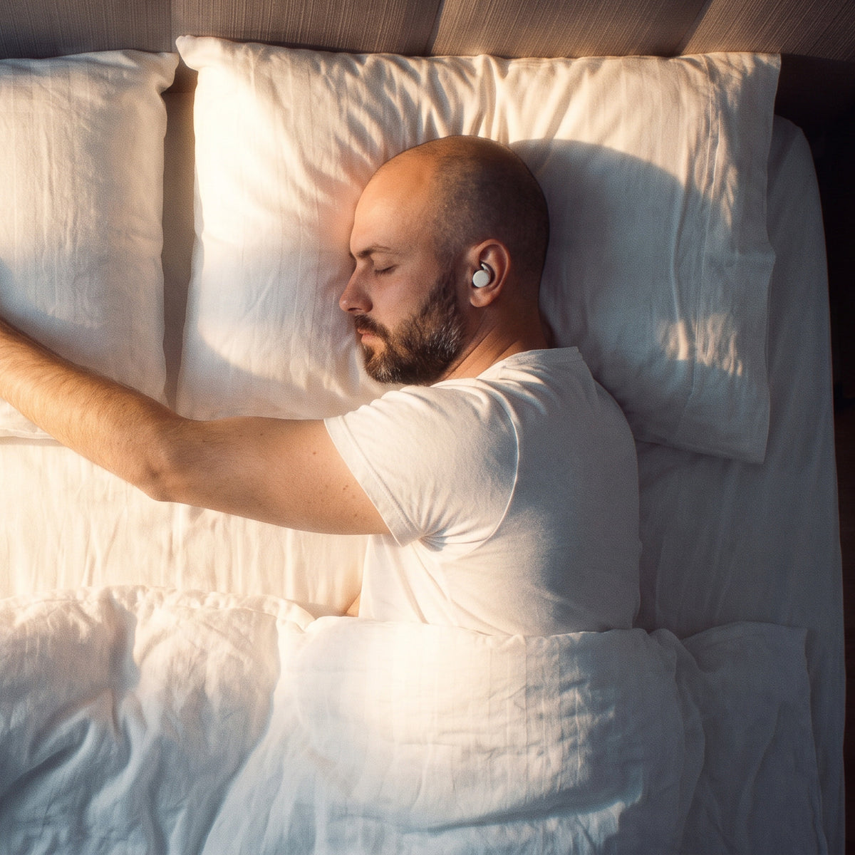 Morgens von oben: Ein Mann schläft auf der Seite, Morgensonne fällt über Kissen und Bettwäsche, im Ohr ein hellgrauer Loume Dream Dots Kopfhörer.